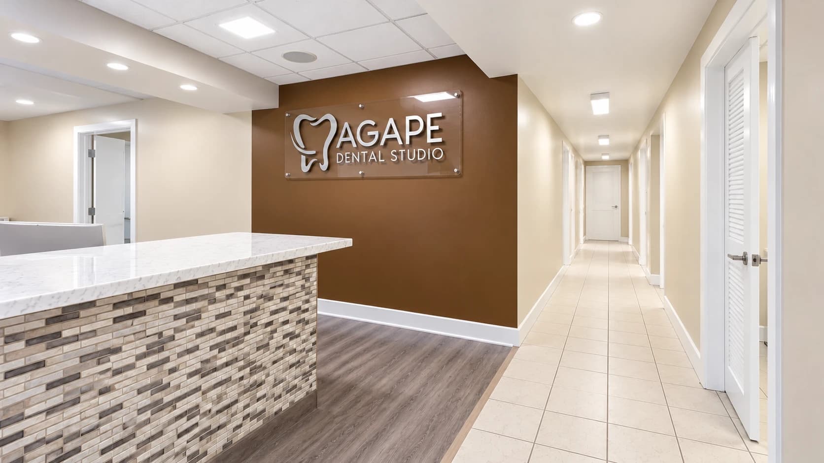 Agape Dental Studio reception, featuring our wall sign and office hallway